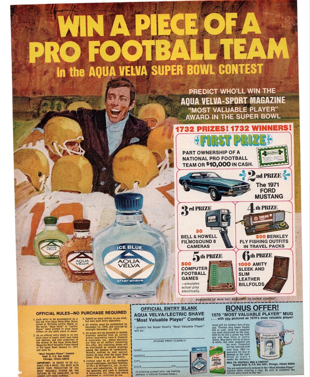 Aqua Velva Super Bowl Contest Advertisement 1970 Footbal Aftershave Vintage